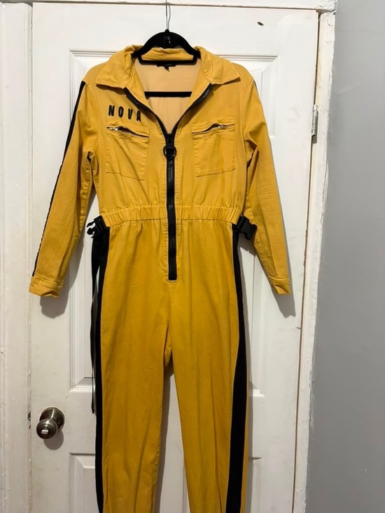Fashion Nova Pants - Yellow Jumpsuit with Black Side Stripes